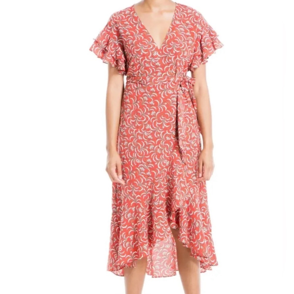 NWT Max Studio Women’s Ruffle Wrap Midi Dress Kentucky Derby Orange Size Large